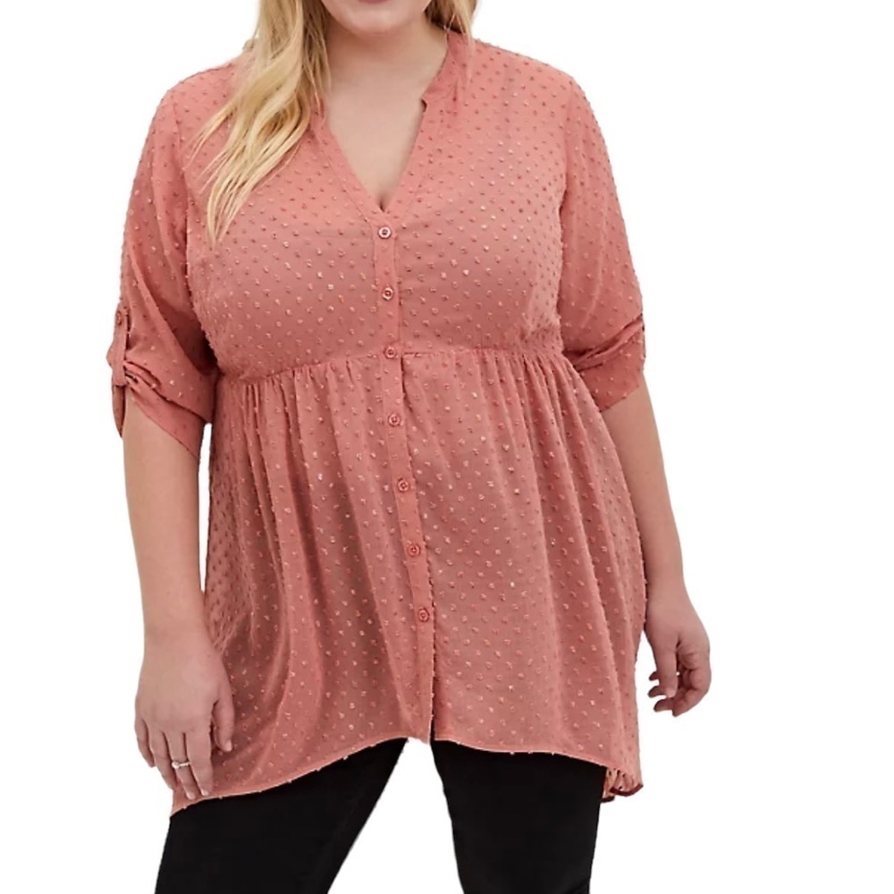 Torrid Lexie Babydoll Papaya Clip Dot Sheer Tunic Length Blouse Size 0